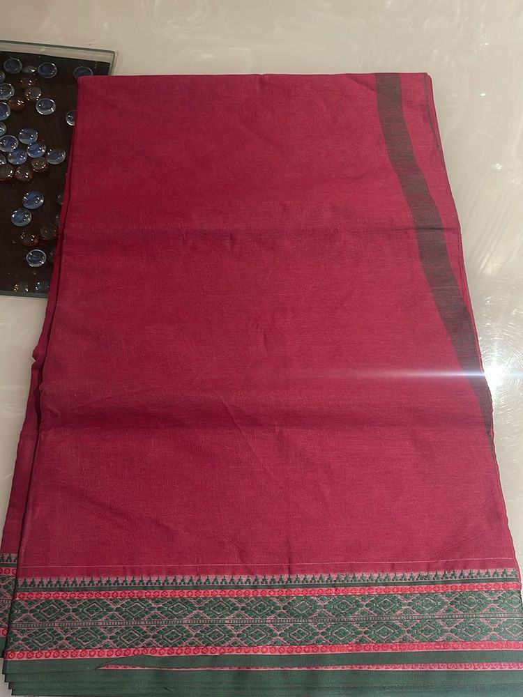 Red Cotton Saree with Green Border