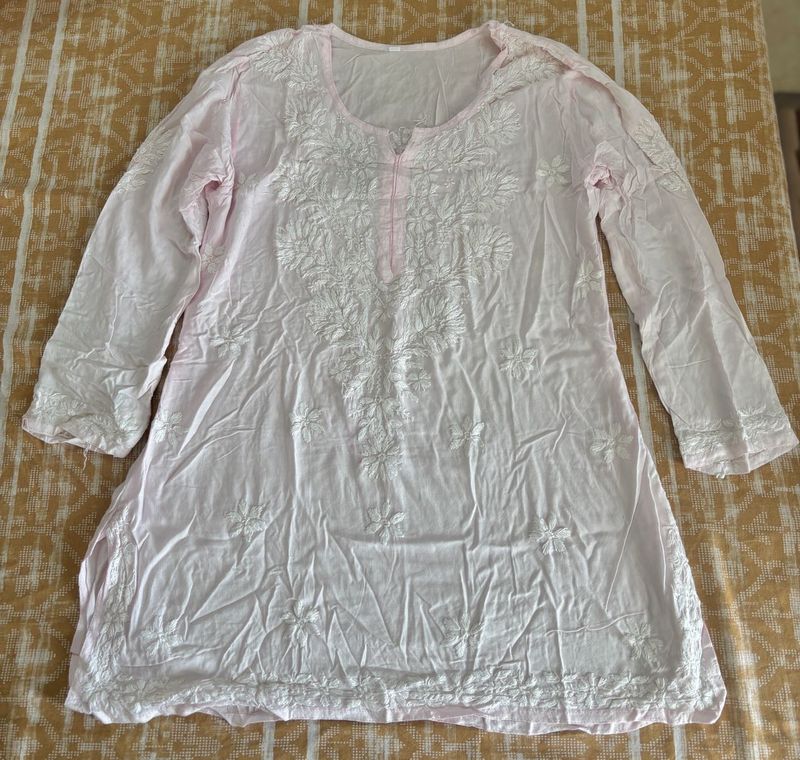 Baby Pink Chikankari Embroidered Short Kurti