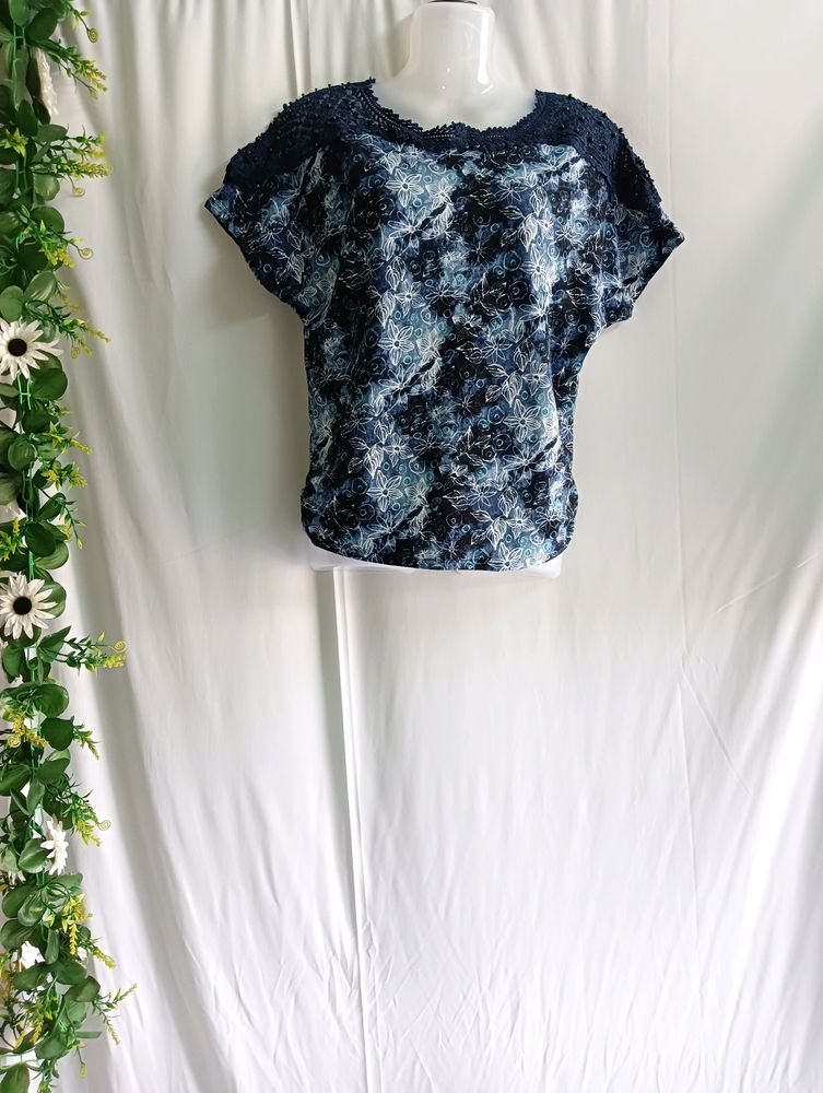 Blue Printed Top With Lace &amp; Bead Work On Shoulder