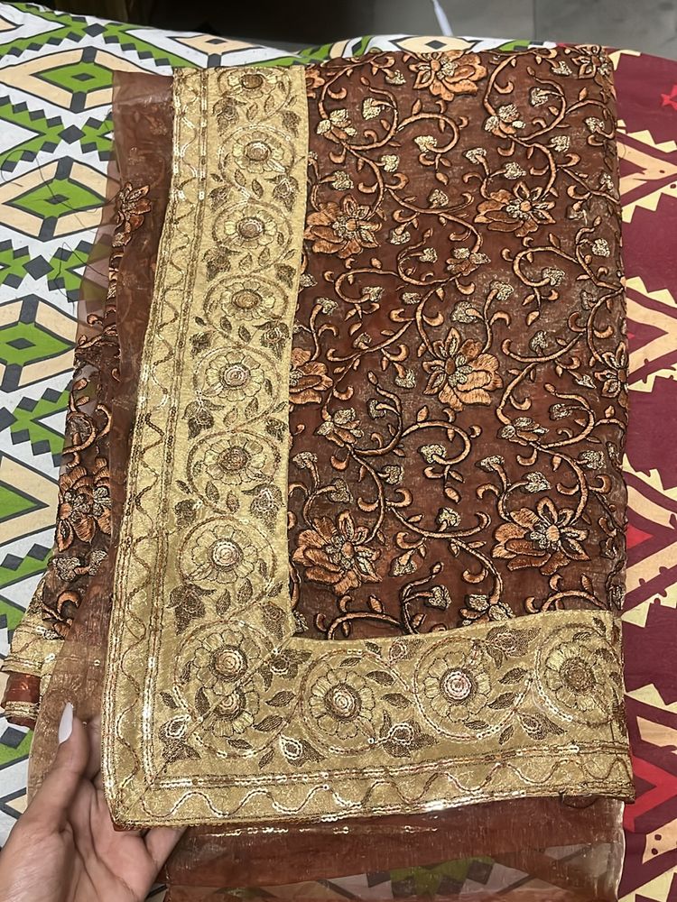Brown Full Emb Net Saree