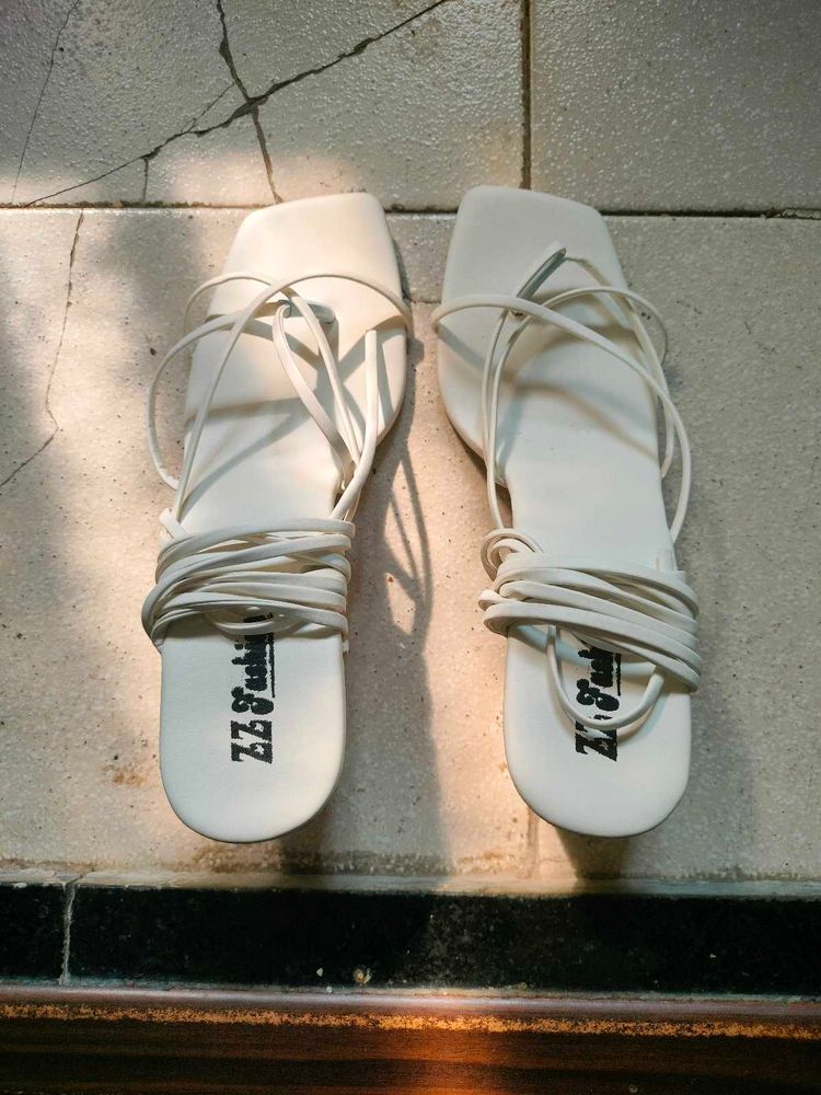 White Block Heel For Women with Tie Up