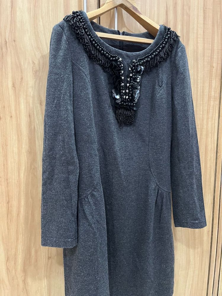 Gray Dress with Beaded Neckline - Size M
