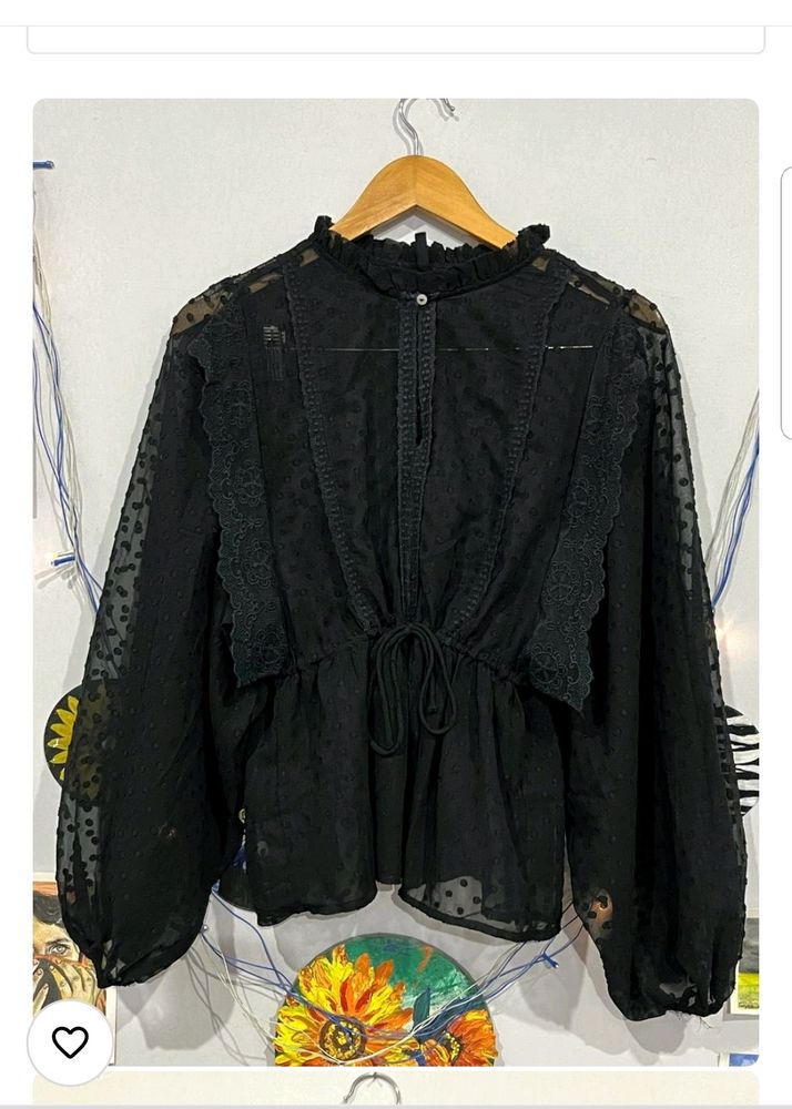Black Lace Trim Peplum Blouse