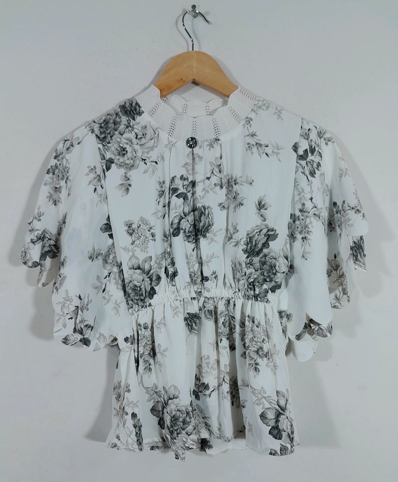Tin Up White And Grey Floral Printed Turtle Neck Top With Elastane Waist (Women&#39;s)