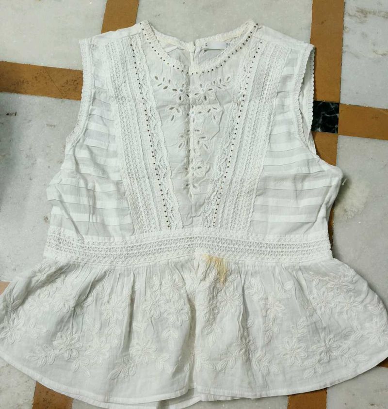 White Embroidered Peplum Top