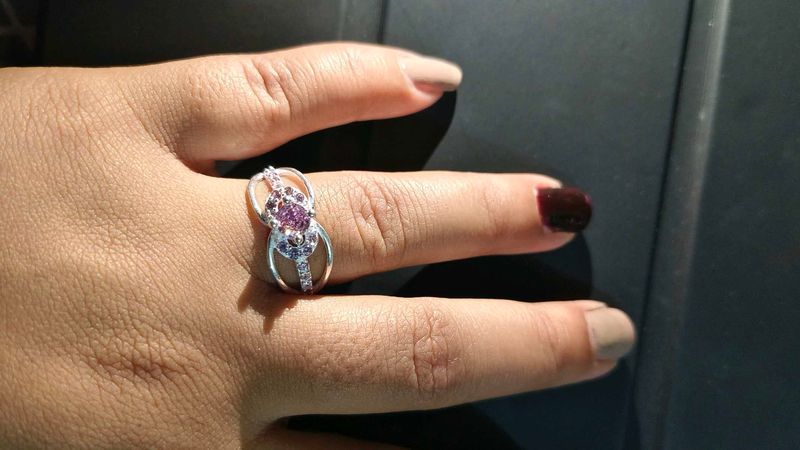 pure silver ladies ring with american diamond