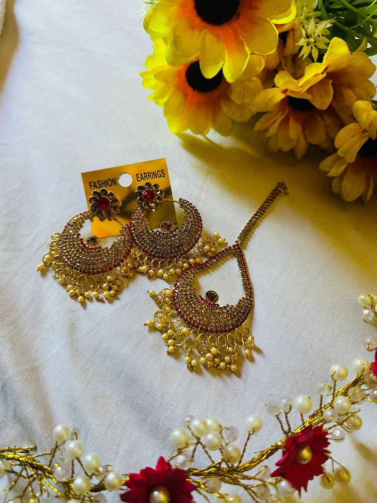 Jhumka With mangtika Set (red Stone Version)