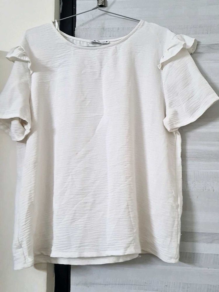 ZARA - White Ruffle Sleeve Top
