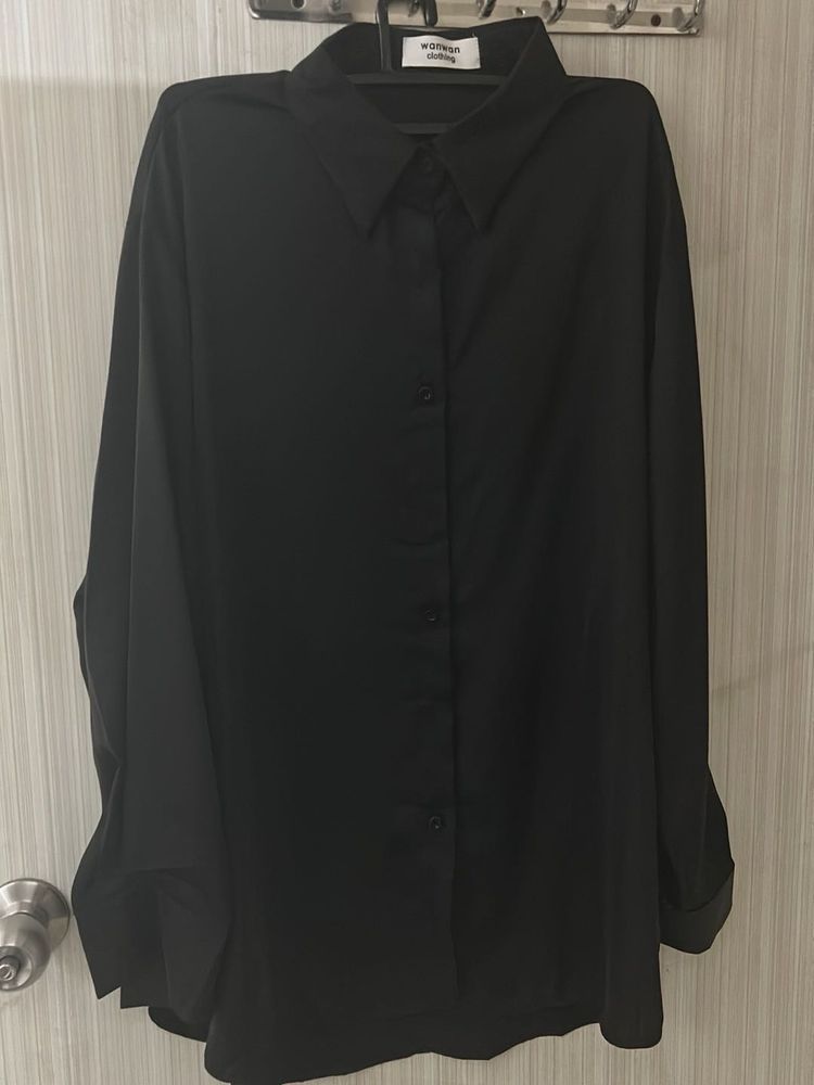 Women Plain Black Satin Korean Shirt
