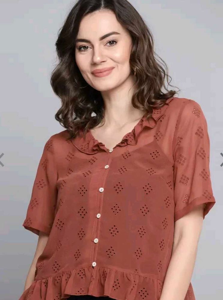 Rust Brown Schiffli Embroidery Sheer Top