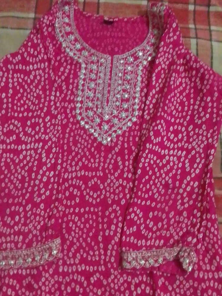 Pink Bandhani Kurti with Silver Embellishments