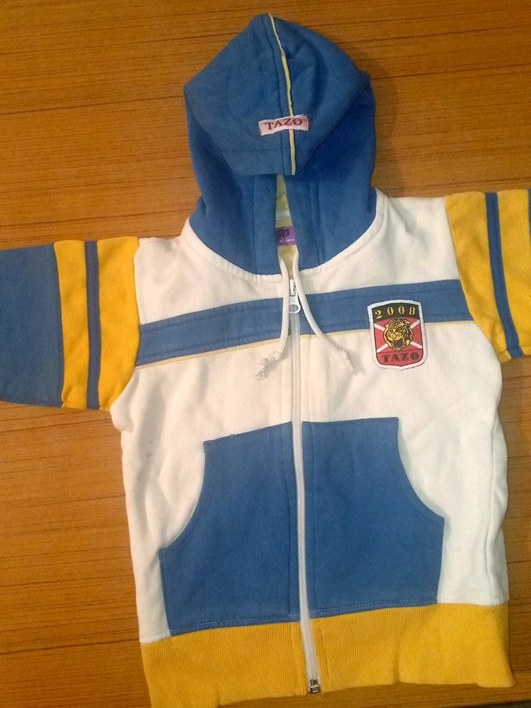Yellow Blue Coat With Cap Attached For Boy , Girl