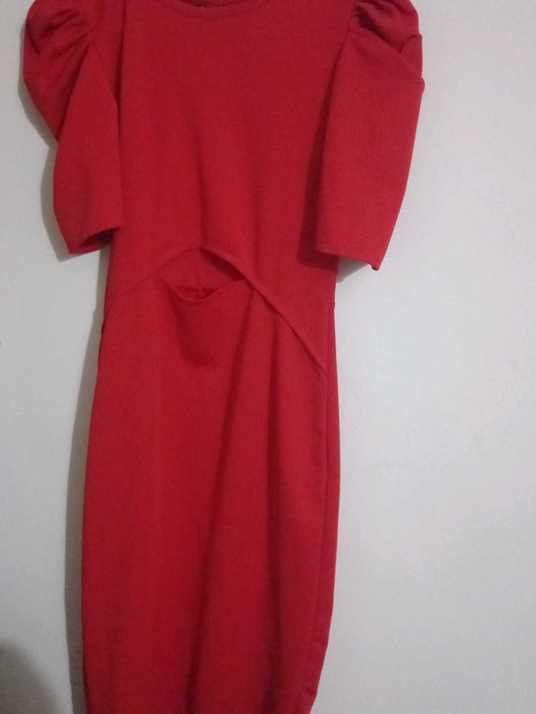 Red Puff Sleeve Cutout Dress
