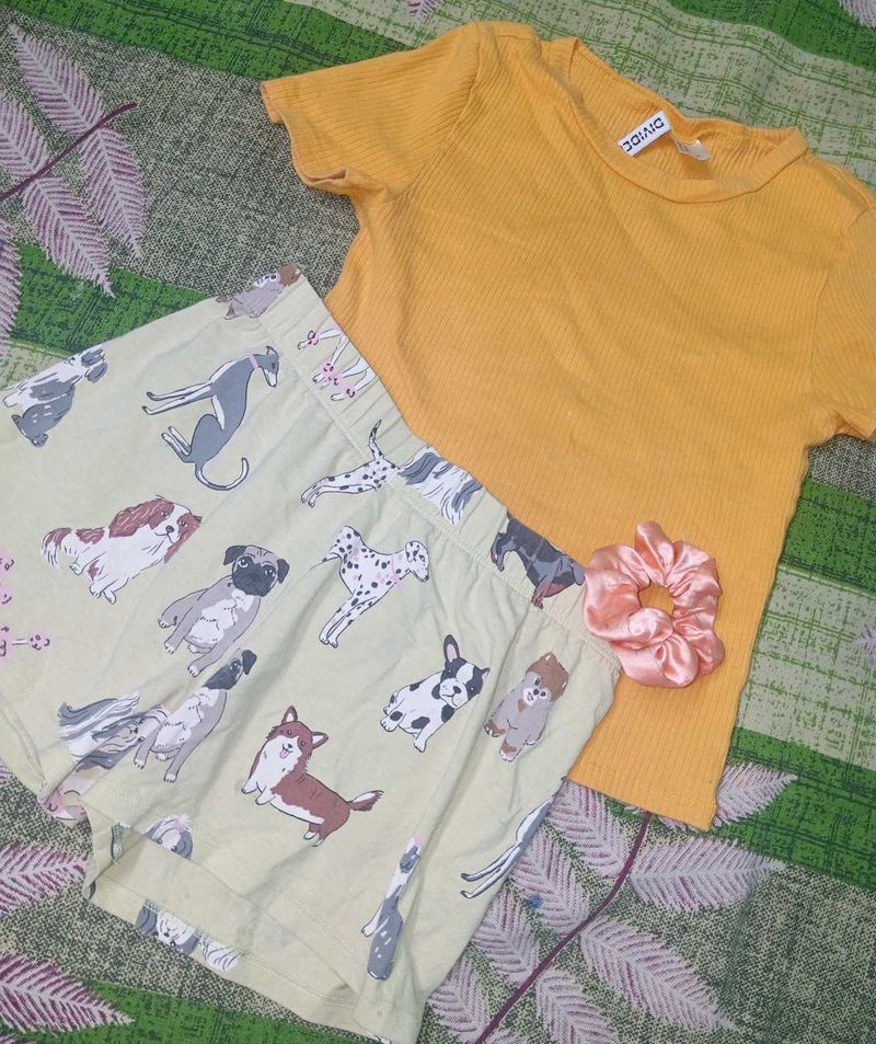Cute Dog Print Shorts &amp; Yellow Top Set
