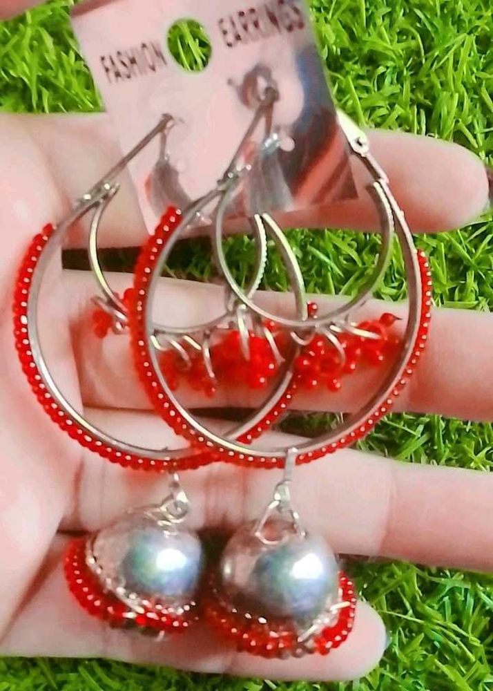 Red Beaded Hoop Jhumka Earrings