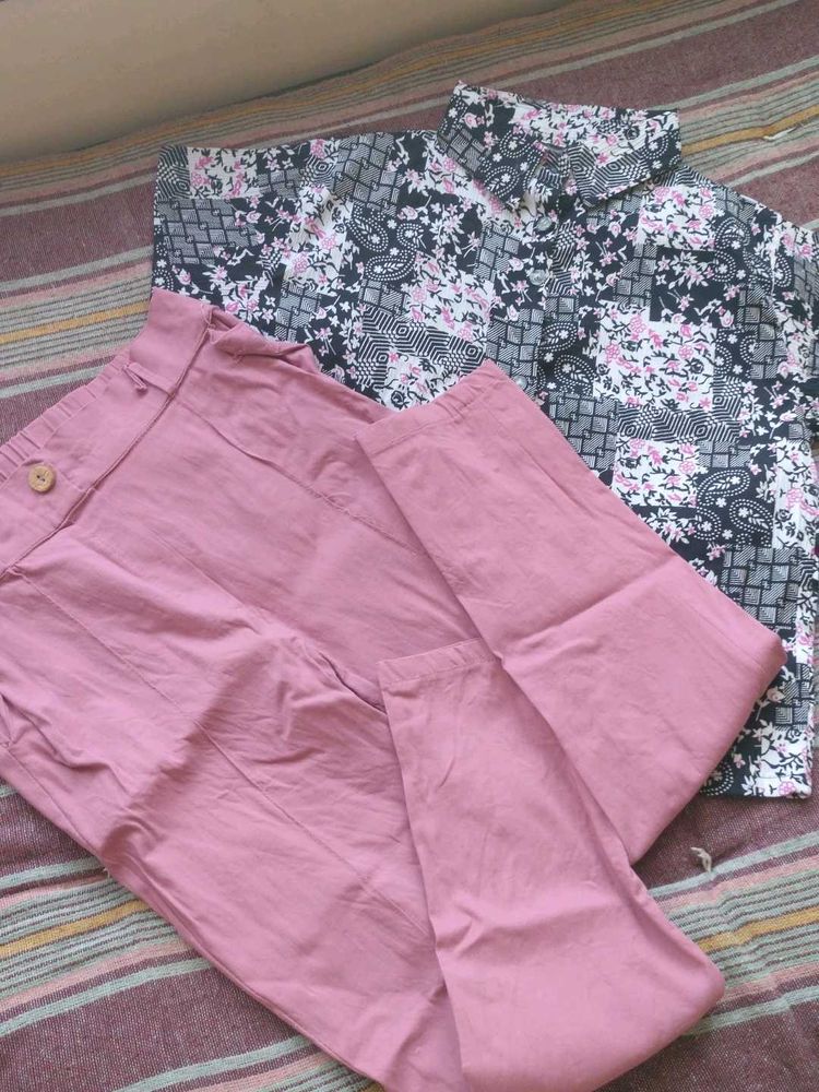 floral shirt and peach pant