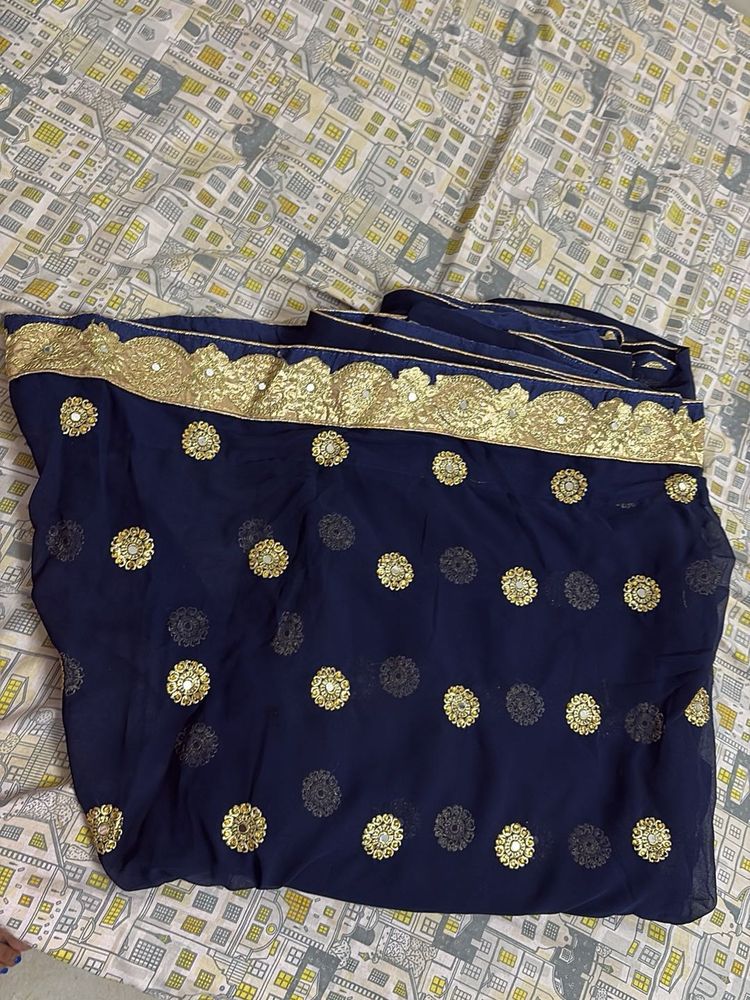 Navy Blue &amp; Gold Embellished Saree