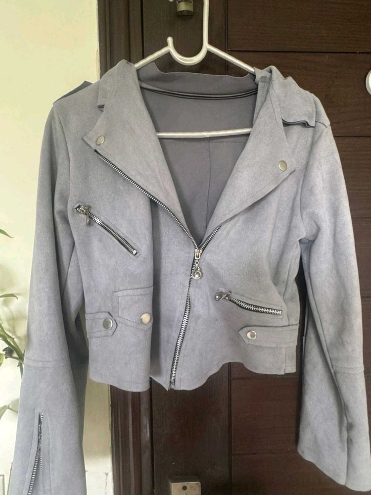 Gray Cropped Moto Jacket