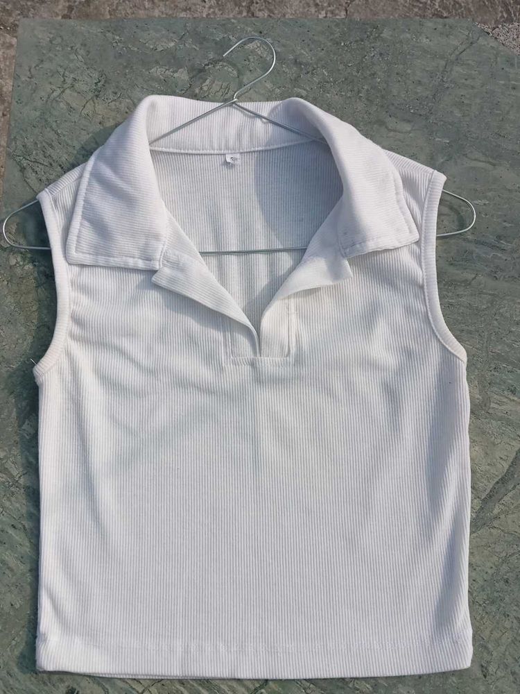 White Ribbed Polo Tank Top