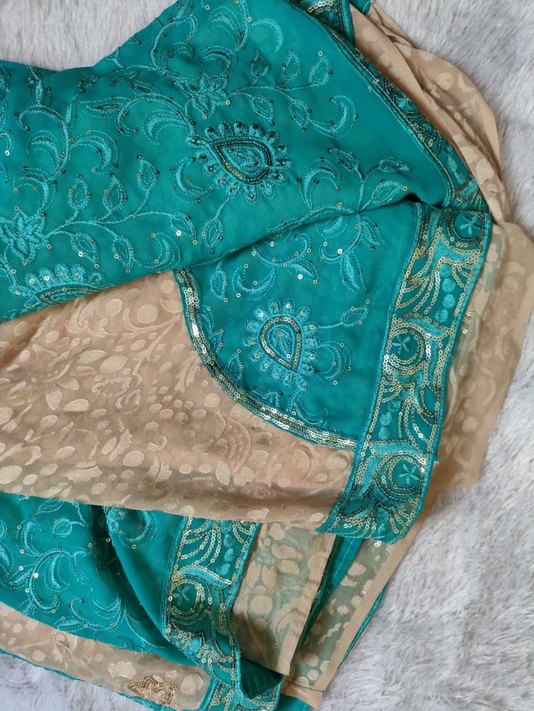 CREAM AND TURQUOISE GREEN SAREE