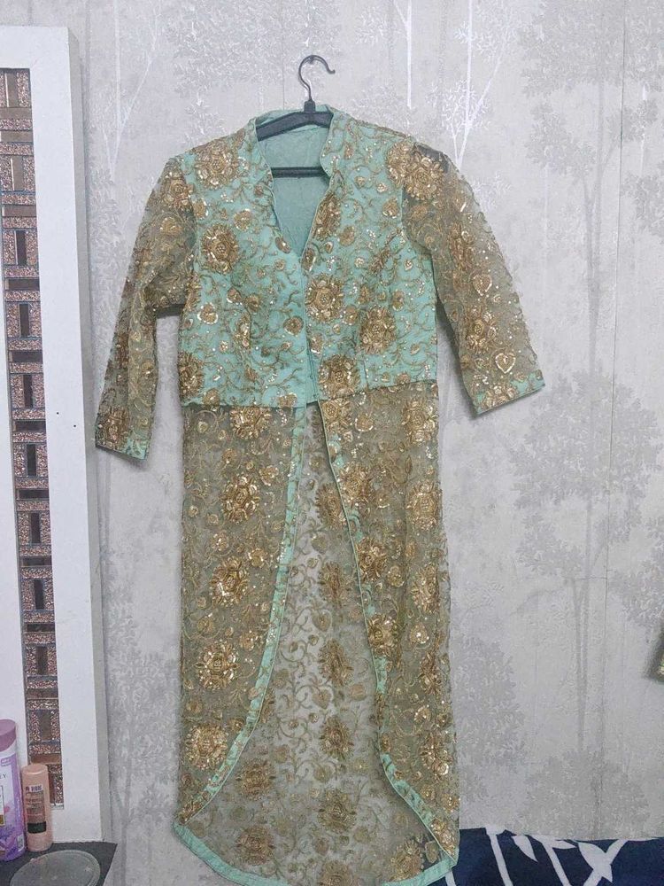 Indo Westen Banarasi Silk Skirt And Long Net Shrug
