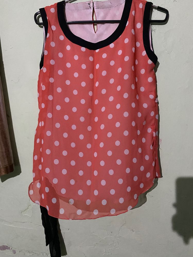 Very Affordable , Cute Cut Sleeves Top With Polka Print, Non Transparent,with Black Lace