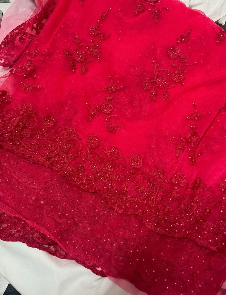 Red Embroidery Net Saree