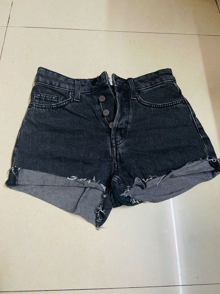 Black Denim Button Fly Shorts