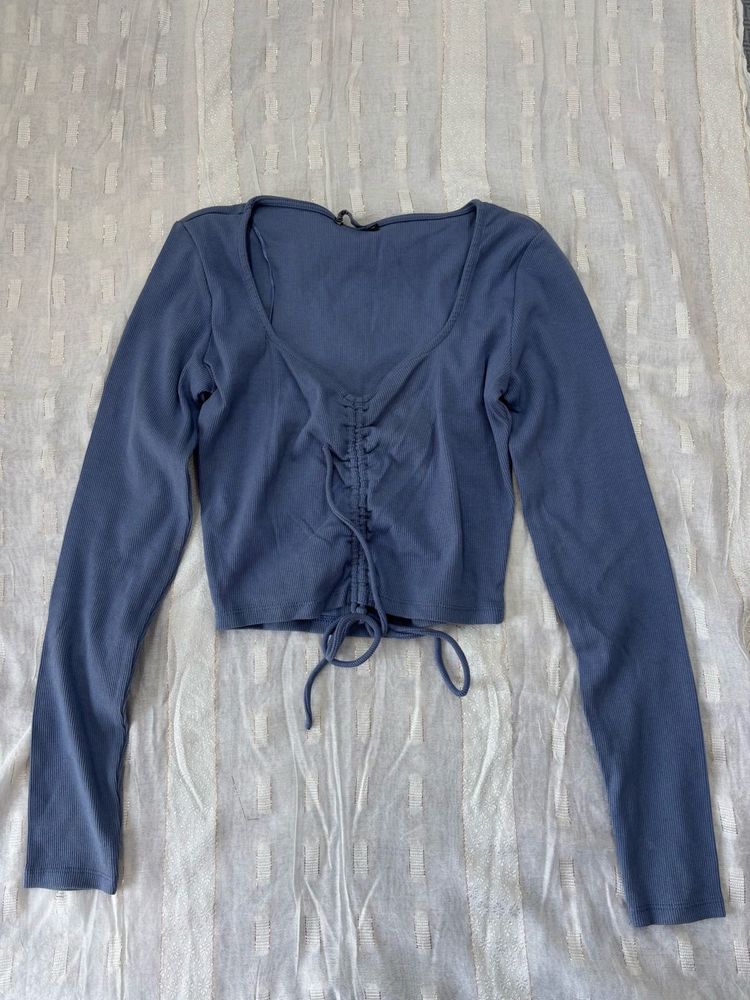 Blue Long Sleeve Ribbed Crop Top