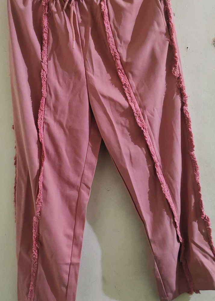 pink textured frayed trim straight fit trauser