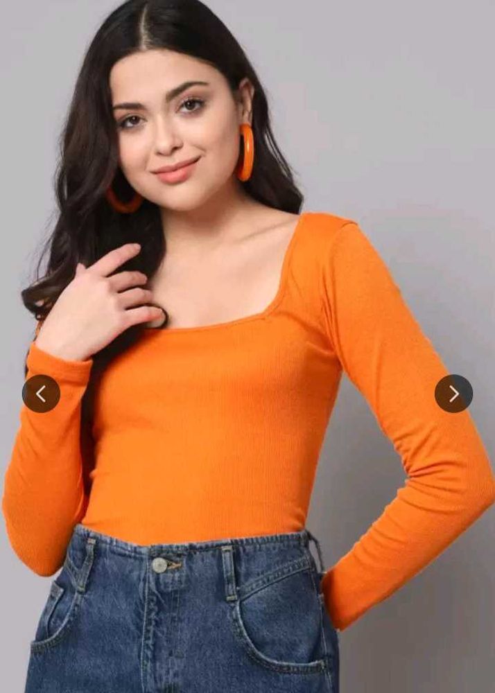 Orange Square Neck Long Sleeve Top