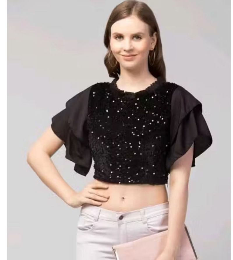 Sparkly Black Crop Top With Ruffal Sleeves