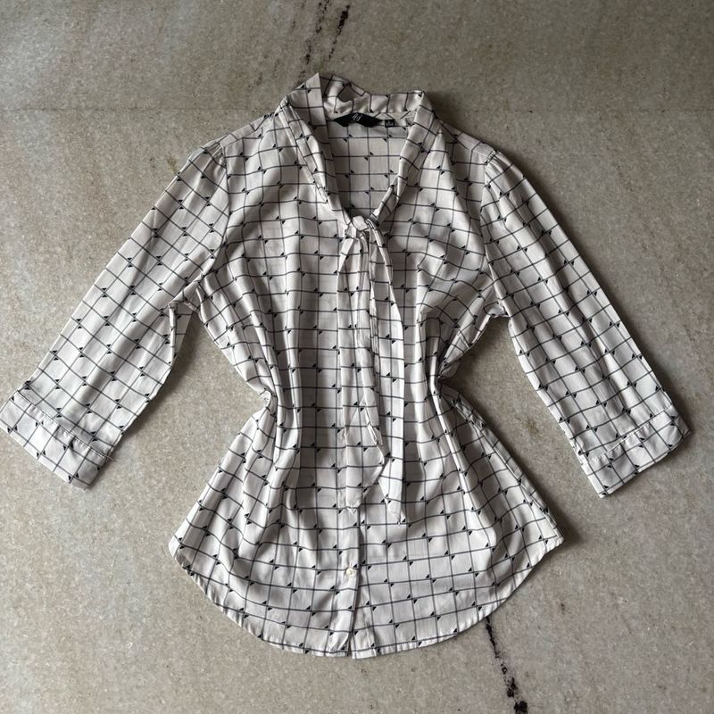 White Shirt with Black Grid Print