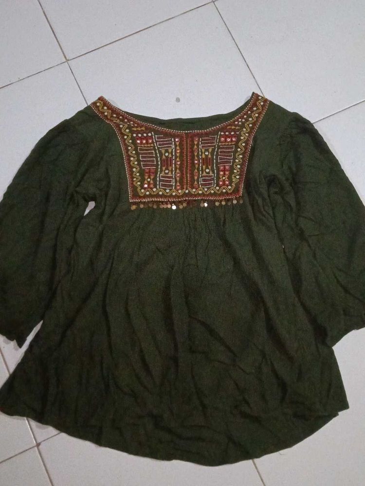 Embroidered Olive Green Top