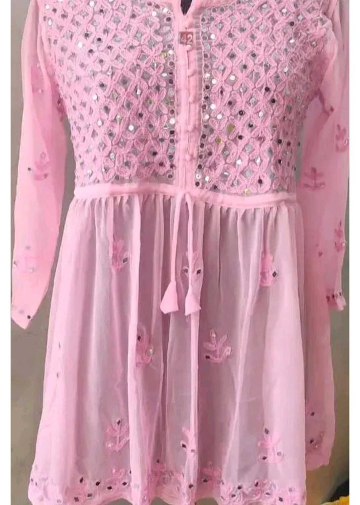 Pink Mirror Work Kurti Top