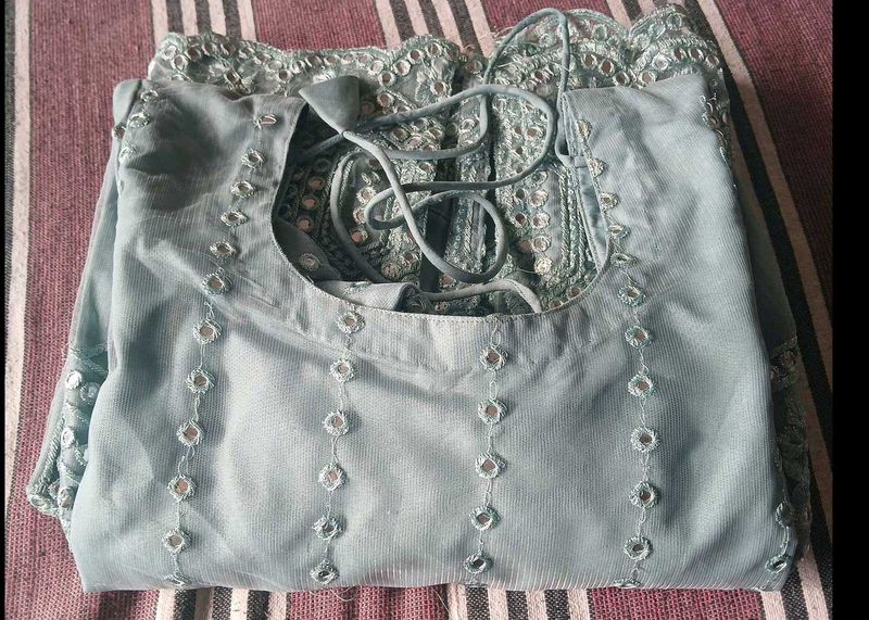 Mirror Work Powder Blue Full Sleeve Kurti