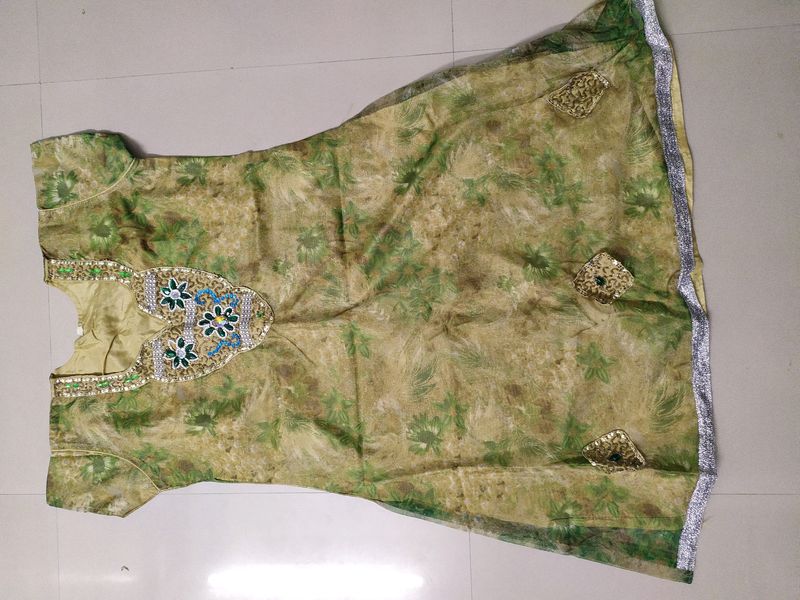 Unused Green And Gold Floral Net Chudidhar