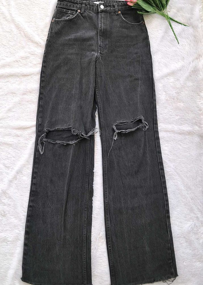 Zara Ripped Wide Long Jeans