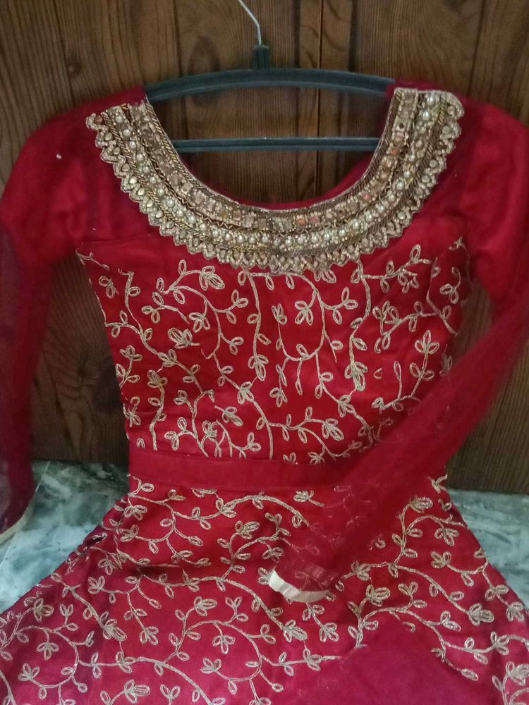 Red &amp; Gold Embroidered Anarkali