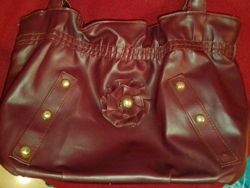 Burgundy Brownish Handbag with Flower