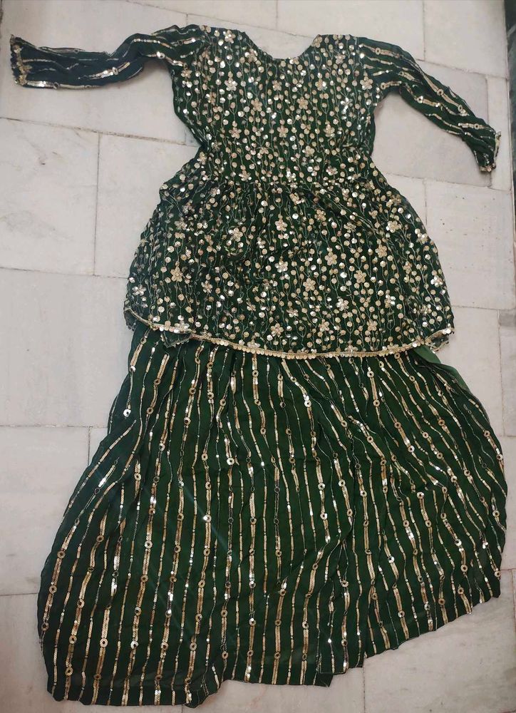 Green &amp; Gold Embellished Sharara Suit