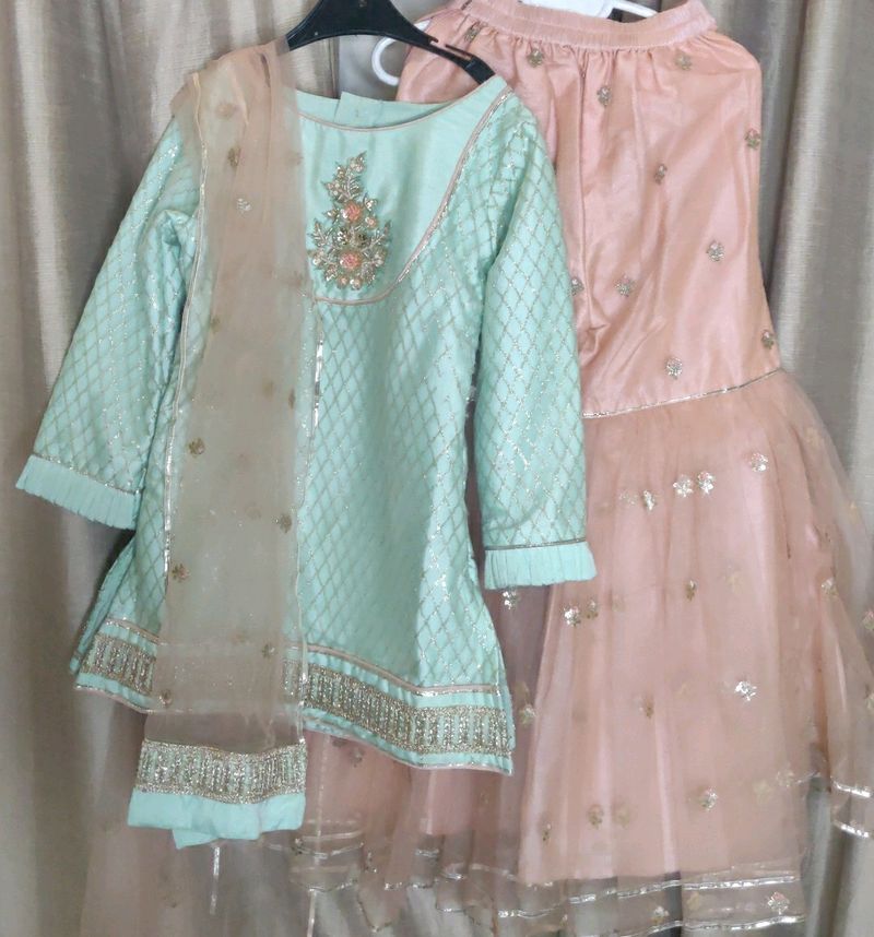 Sharara Set In Pastel Green And Peach