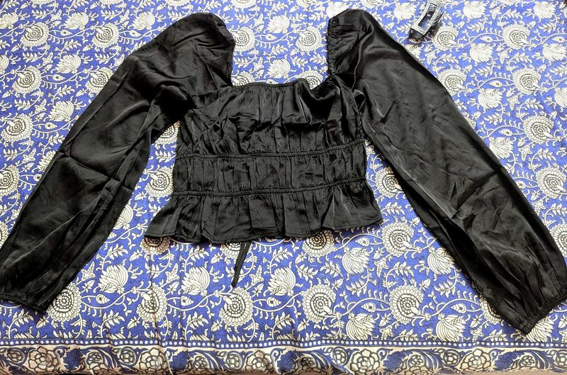 Forever 21 Black Smocked Peplum Blouse/ Crop Top