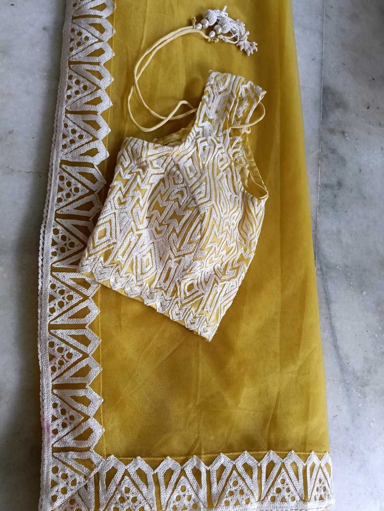 Yellow Saree with Embroidered 32 Inches Blouse