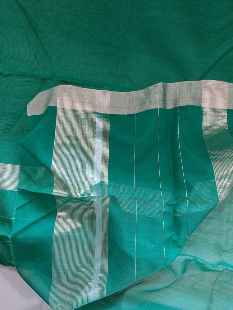 New Green Cotton Silk Saree With Gold Borde