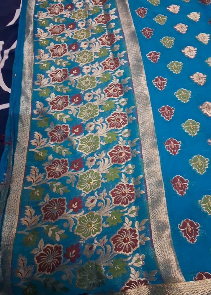 Blue Floral Design  zari work with minute stone
