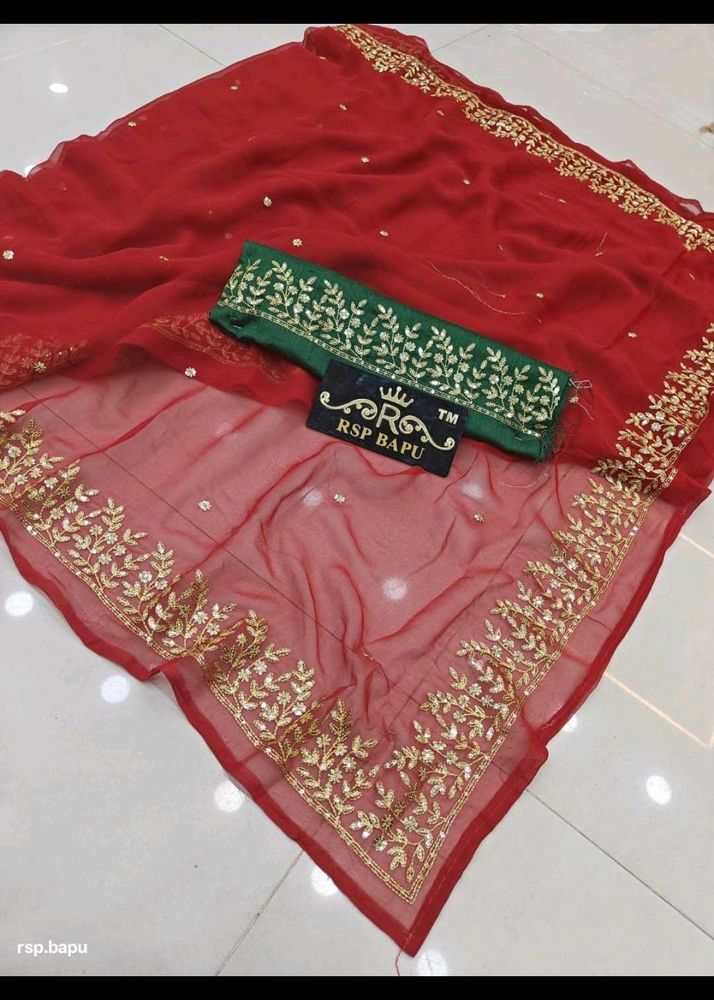 Elegant Red &amp; Gold Embroidered Saree with Green Bl