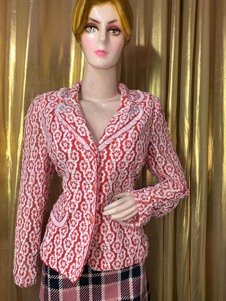 Red &amp; White Patterned Blazer  2dec8