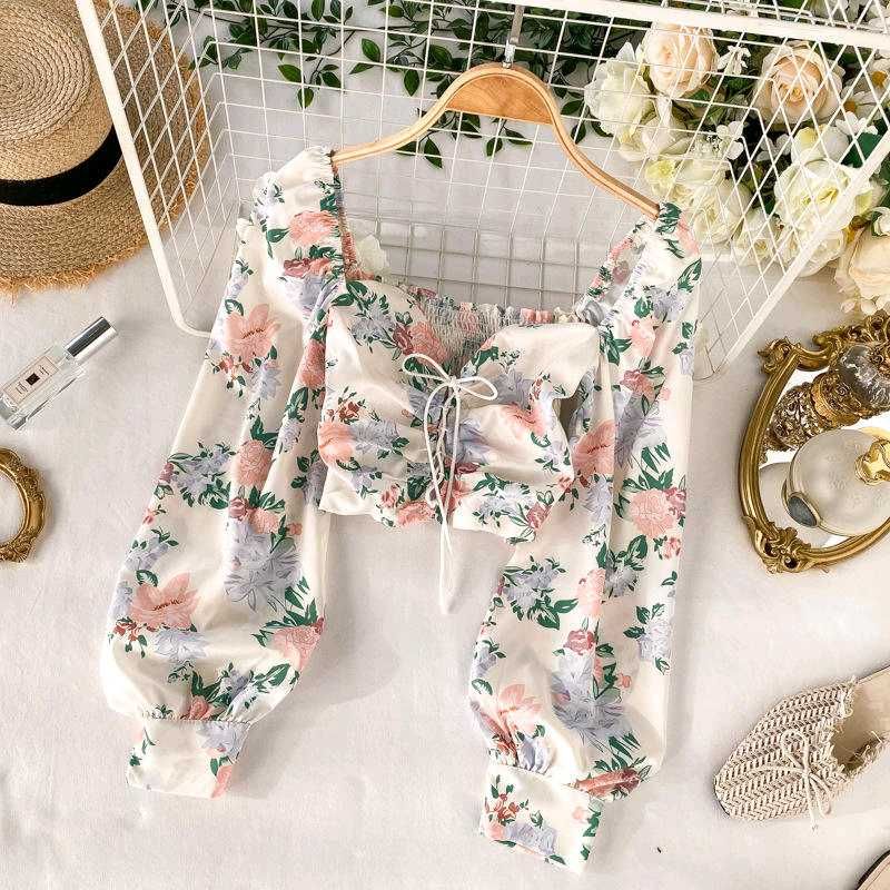 Floral Puff Sleeve Crop Top with Front Tie