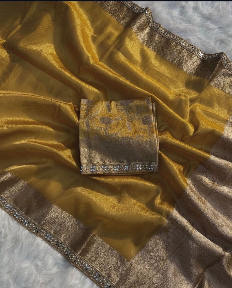 Pure Tissue Silk Golden Saree with Blouse Piece
